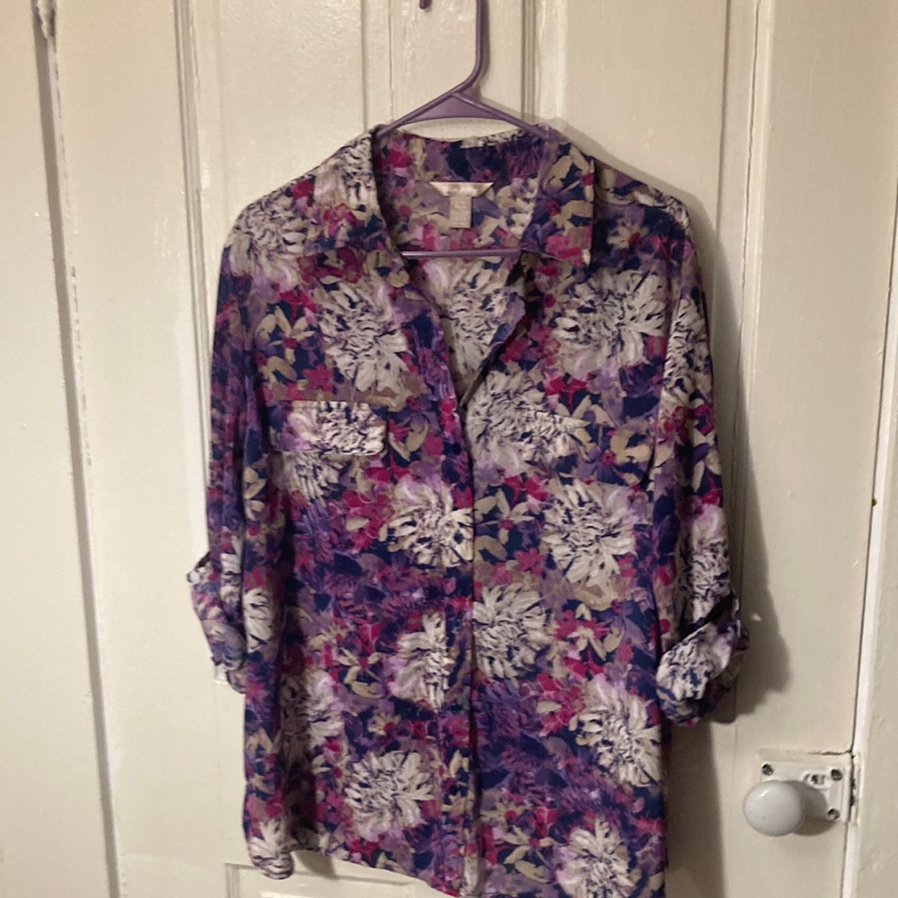 XL (16-18) White Stag Purple Floral Button Down Blouse